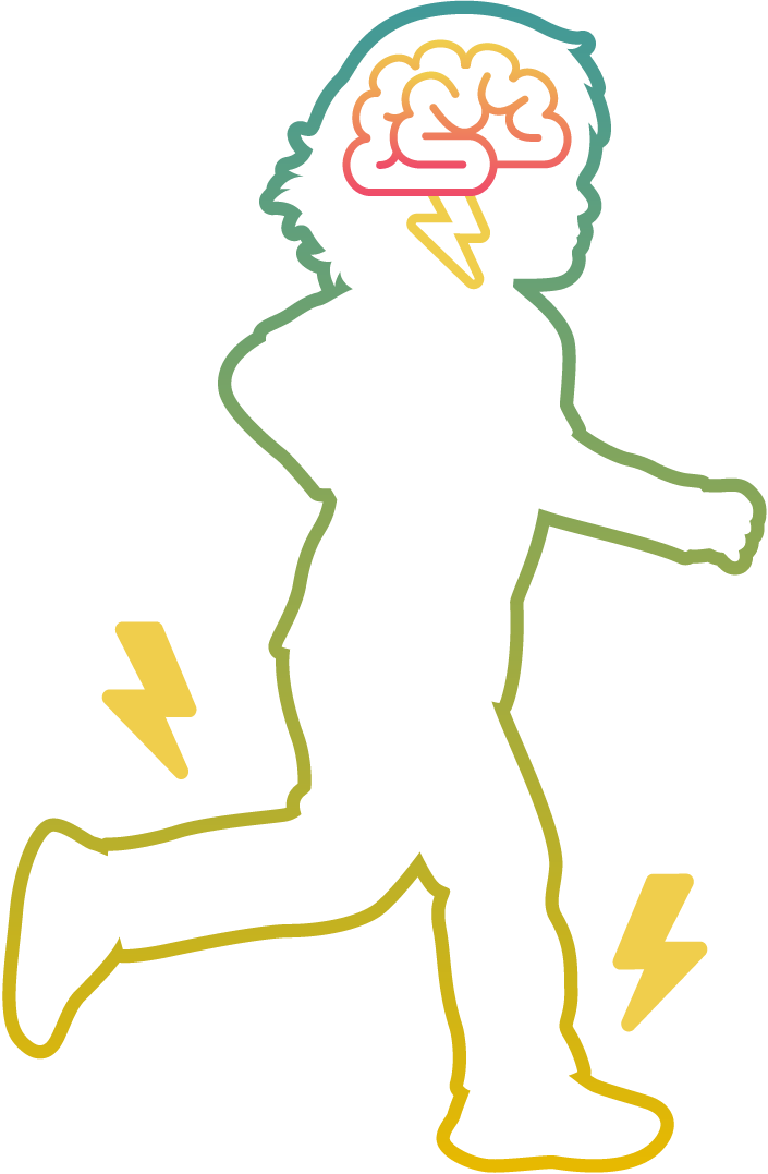 silhouette outline illustration of child with brain and lightning bolts