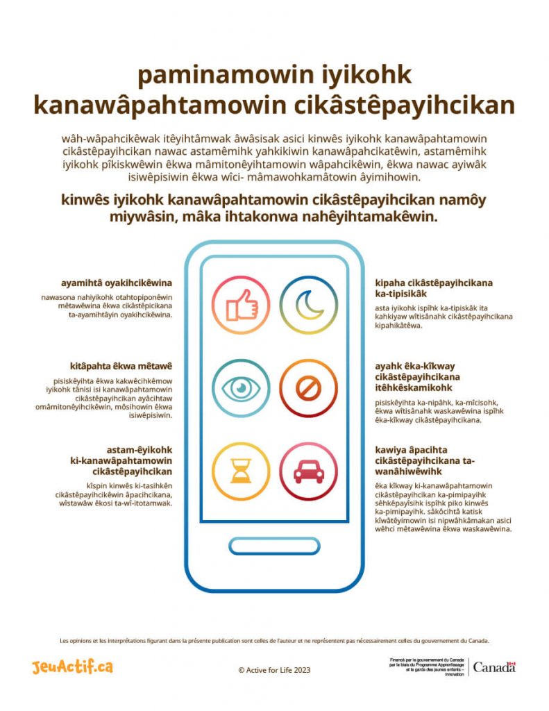 Managing screen time poster translated in Plains Cree